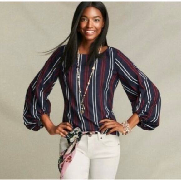 CAbi Freedom Flag Blouse Womens Large Striped Balloon Sleeve Navy Patriotic 5516 - Picture 1 of 9